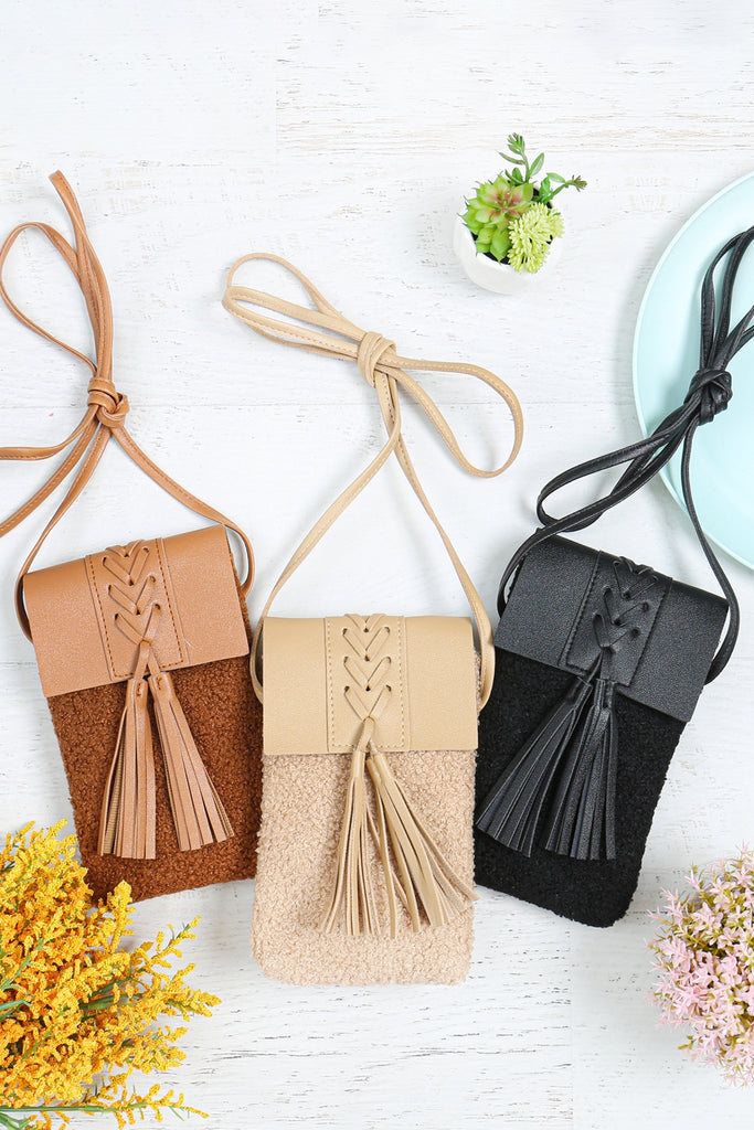 LEATHER BRAIDED TASSEL SHERPA W/ CROSSBODY CELL PHONE BAG