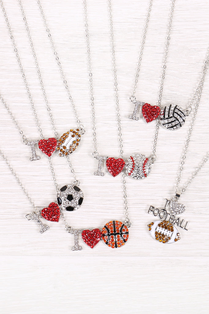 MYN1122 - "I LOVE FOOTBALL" RHINESTONE PENDANT NECKLACE