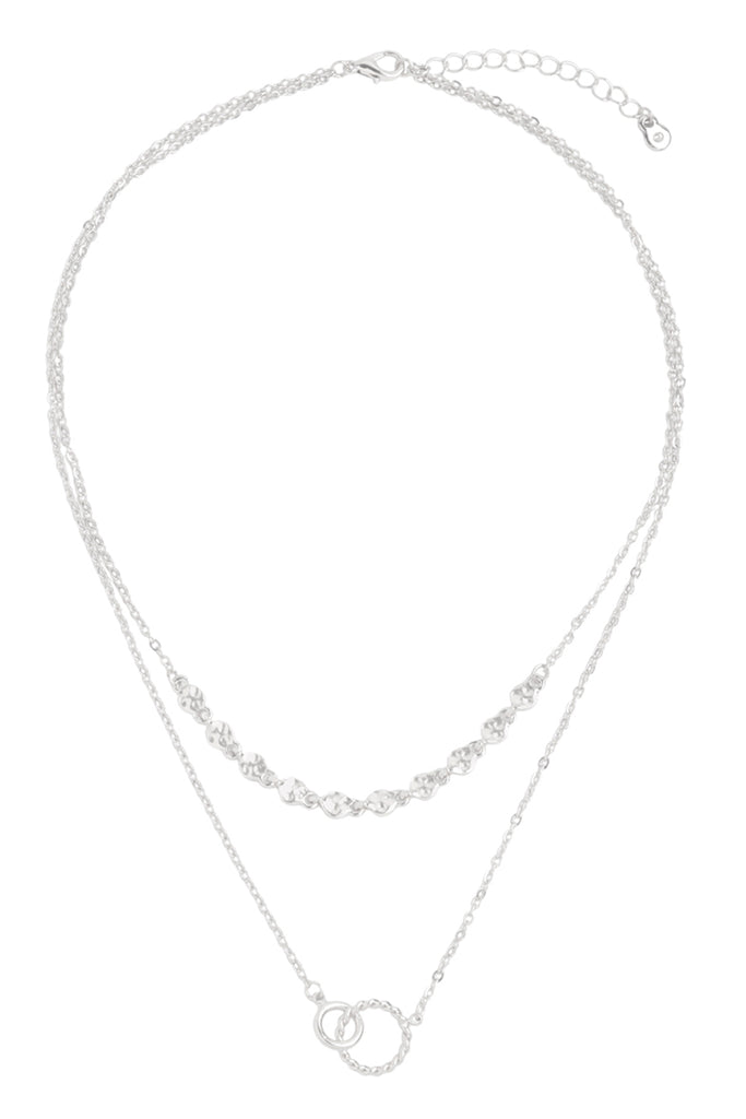 DOUBLE RING TWISTED PENDANT MULTI CHAIN LAYERED BRASS NECKLACE AND EARRING SET