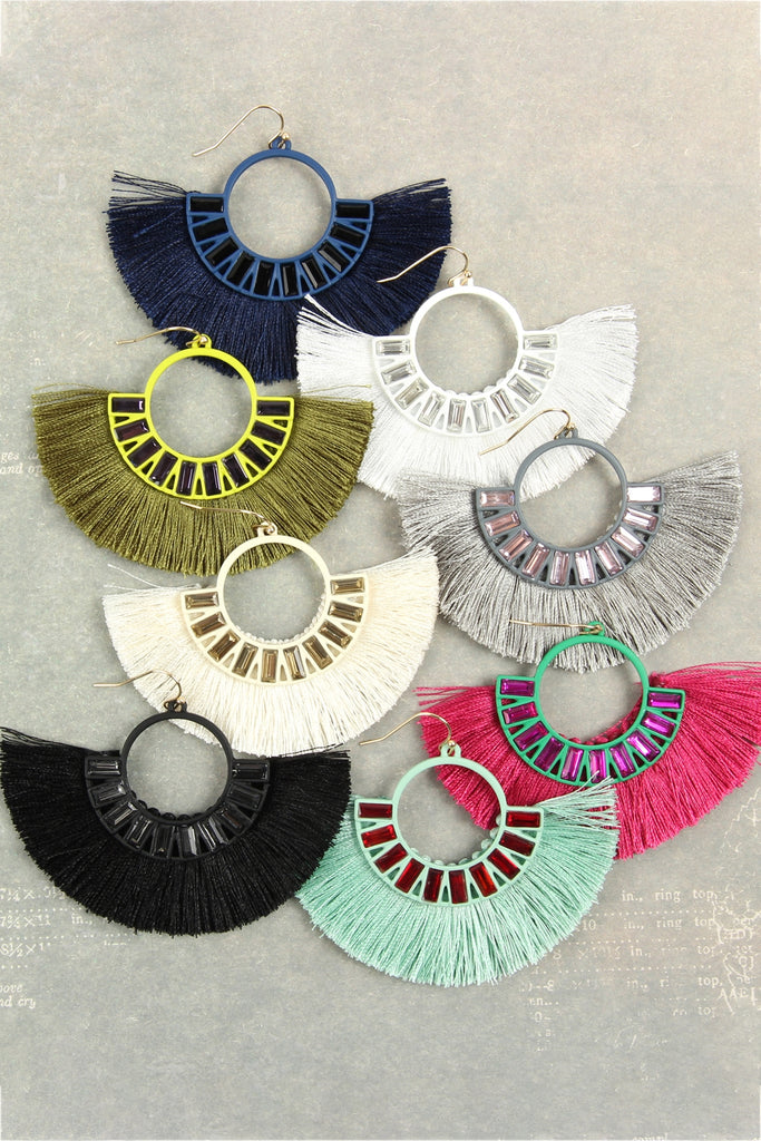 NE1775 - HALF CIRCLE TASSEL WITH COLORED RHINESTONE EARRINGS