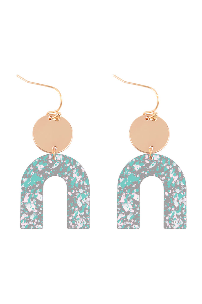 U UPSIDE DOWN SPLATTER PRINT DROP FISH HOOK EARRINGS