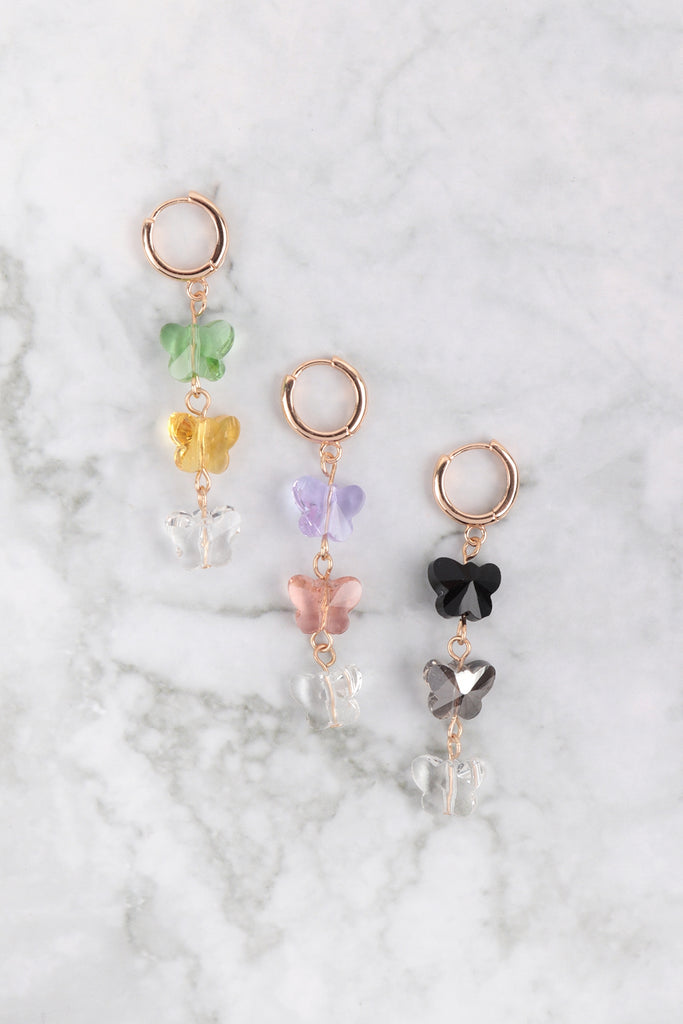 3 GLASS BUTTERFLY DROP HOOP EARRINGS