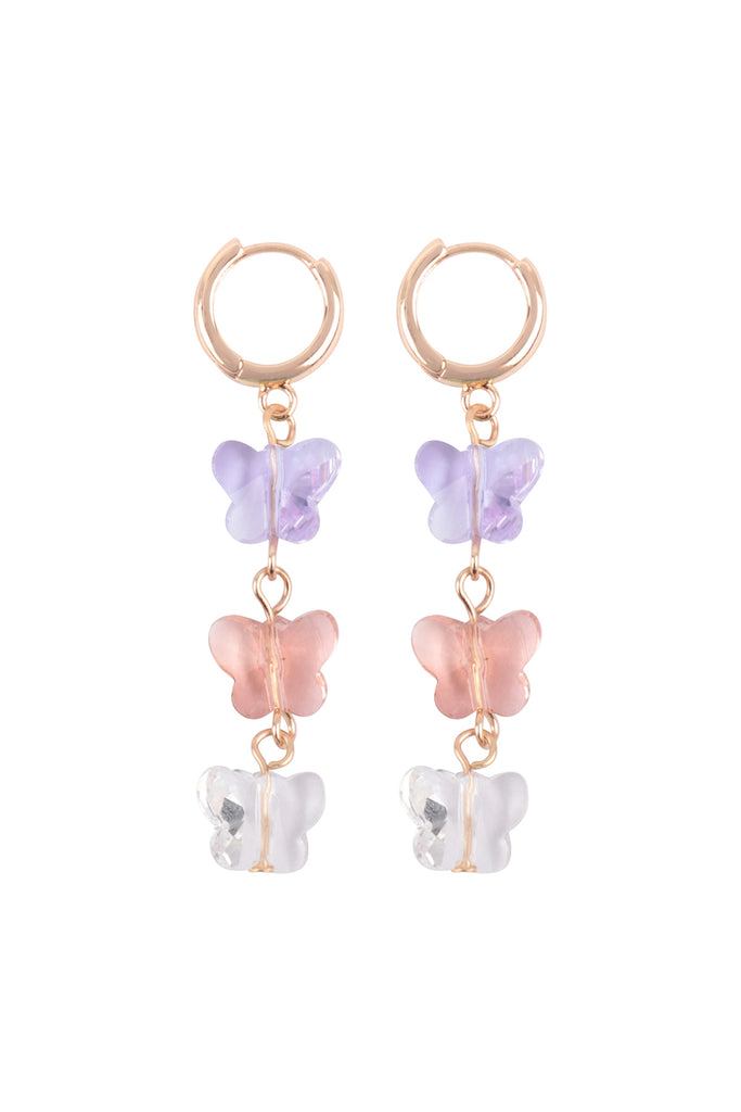 3 GLASS BUTTERFLY DROP HOOP EARRINGS