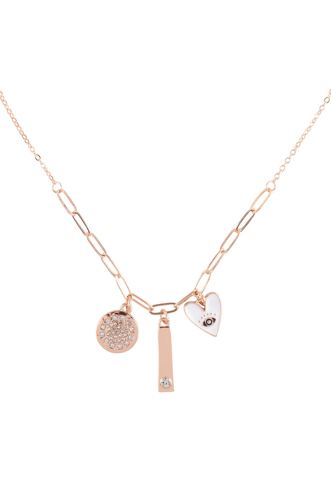 DISK HEART BAR CUBIC MULTI PENDANT CHARM NECKLACE