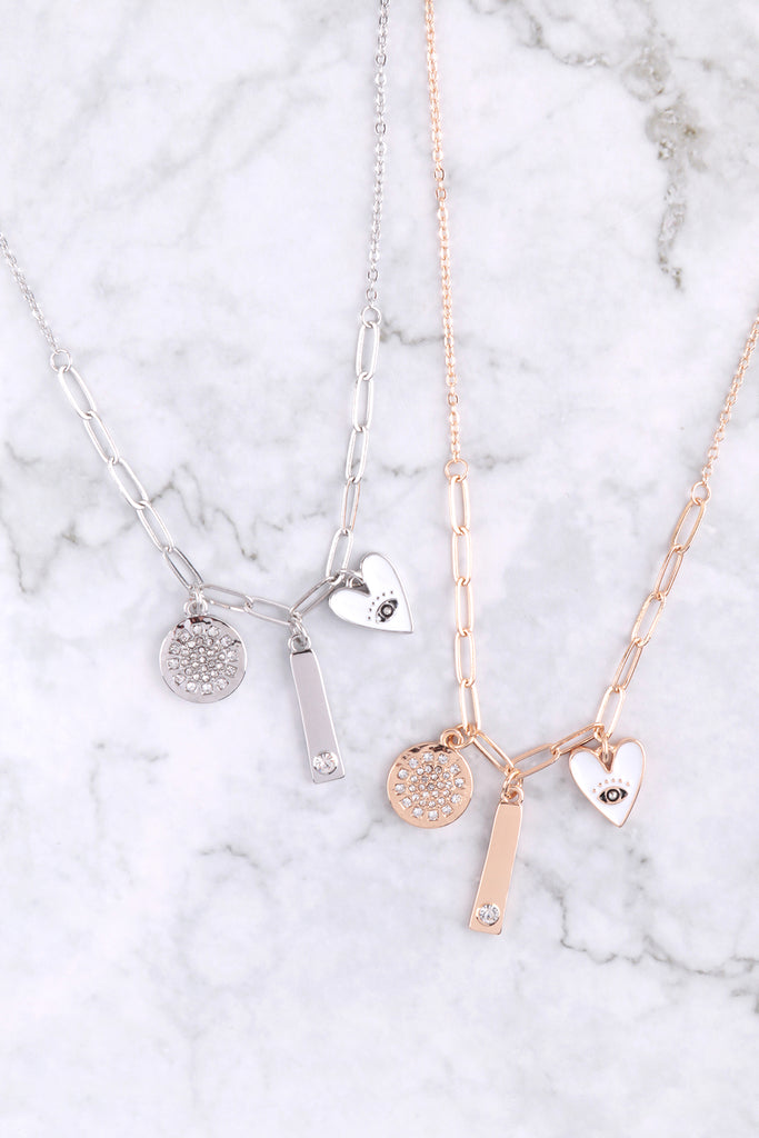 DISK HEART BAR CUBIC MULTI PENDANT CHARM NECKLACE