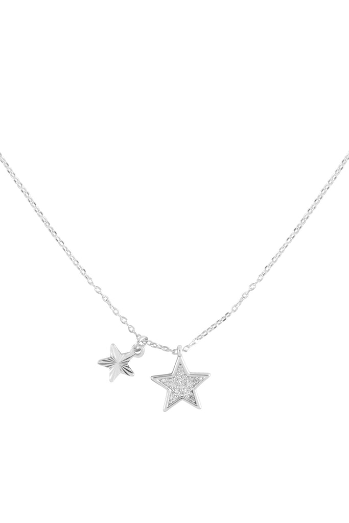 CUBIC ZIRCONIA 2 STAR PENDANT CHARM BRASS NECKLACE
