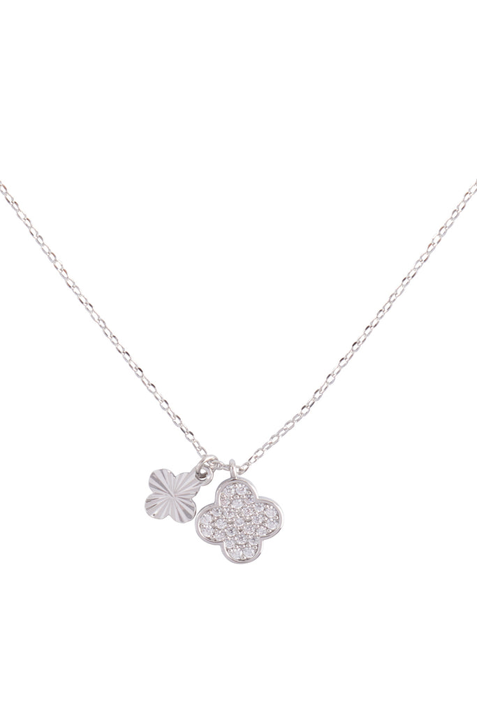 CUBIC ZIRCONIA 2 CLOVER PENDANT CHARM BRASS NECKLACE