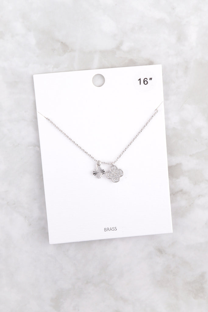 CUBIC ZIRCONIA 2 CLOVER PENDANT CHARM BRASS NECKLACE