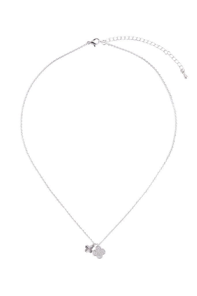 CUBIC ZIRCONIA 2 CLOVER PENDANT CHARM BRASS NECKLACE