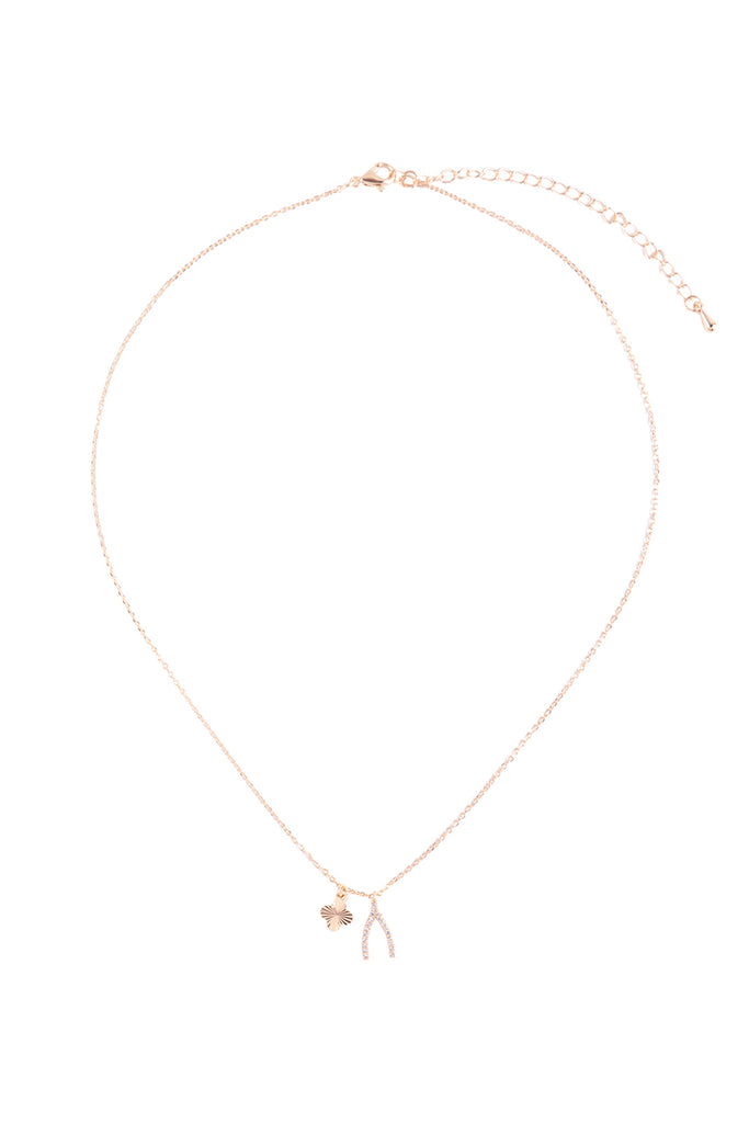CUBIC ZIRCONIA WISHBONE AND CLOVER PENDANT BRASS NECKLACE