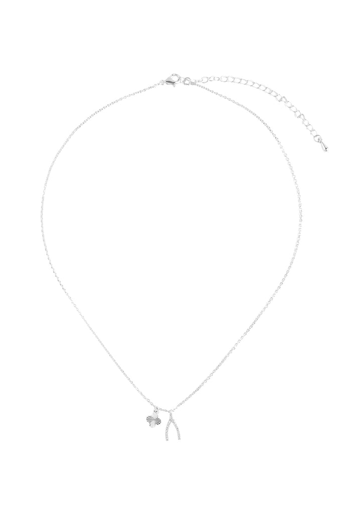 CUBIC ZIRCONIA WISHBONE AND CLOVER PENDANT BRASS NECKLACE