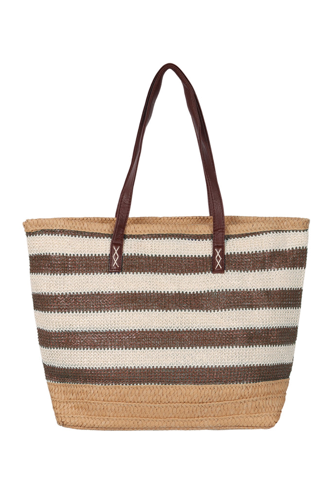 STRIPED NATURAL STRAW TOTE BAG