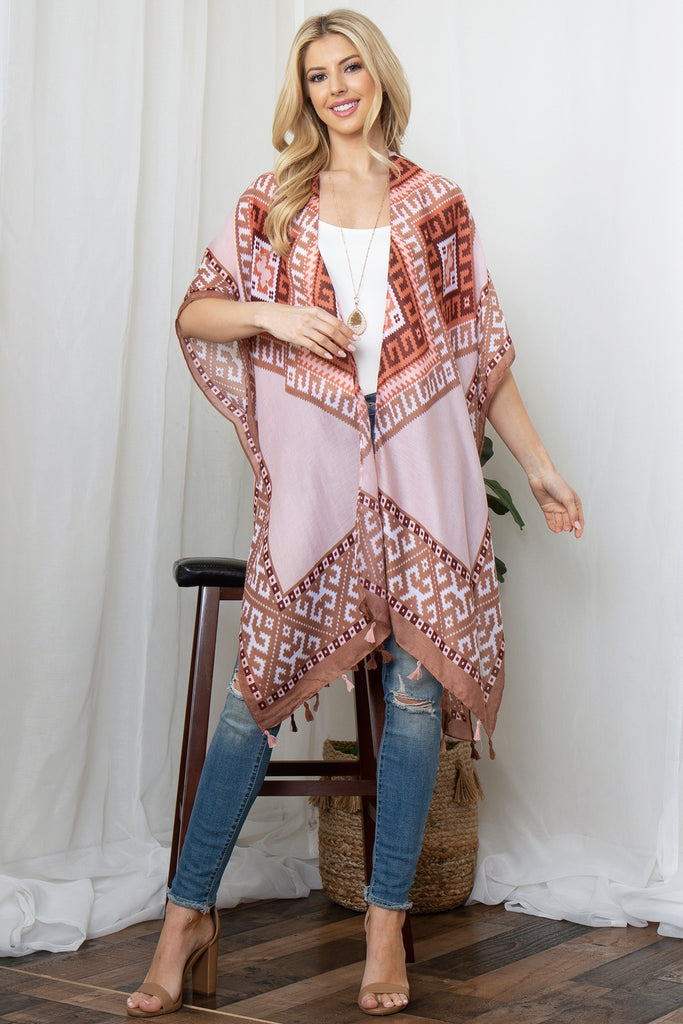 TRIBAL PRINT TASSEL OPEN FRONT KIMONO