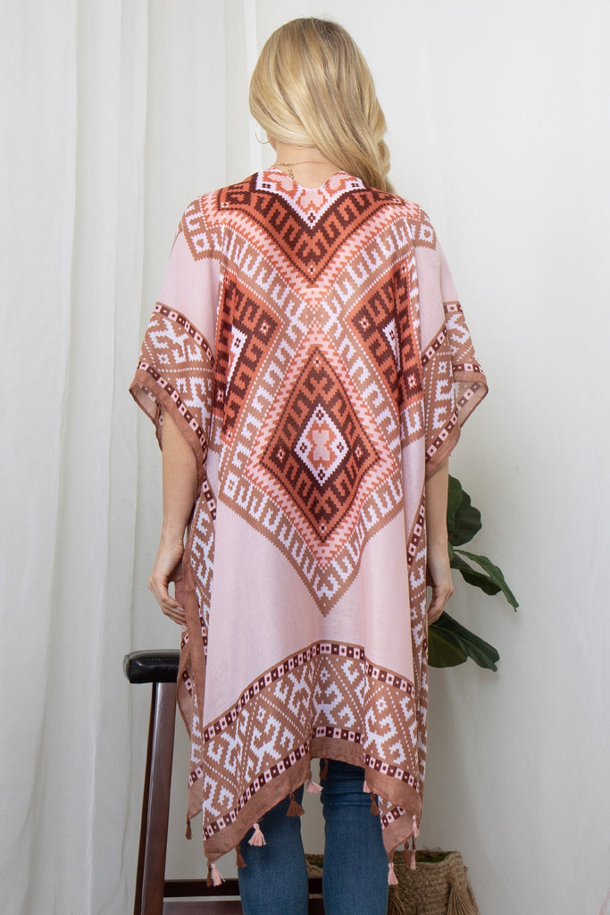 TRIBAL PRINT TASSEL OPEN FRONT KIMONO