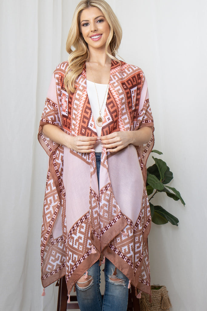 TRIBAL PRINT TASSEL OPEN FRONT KIMONO