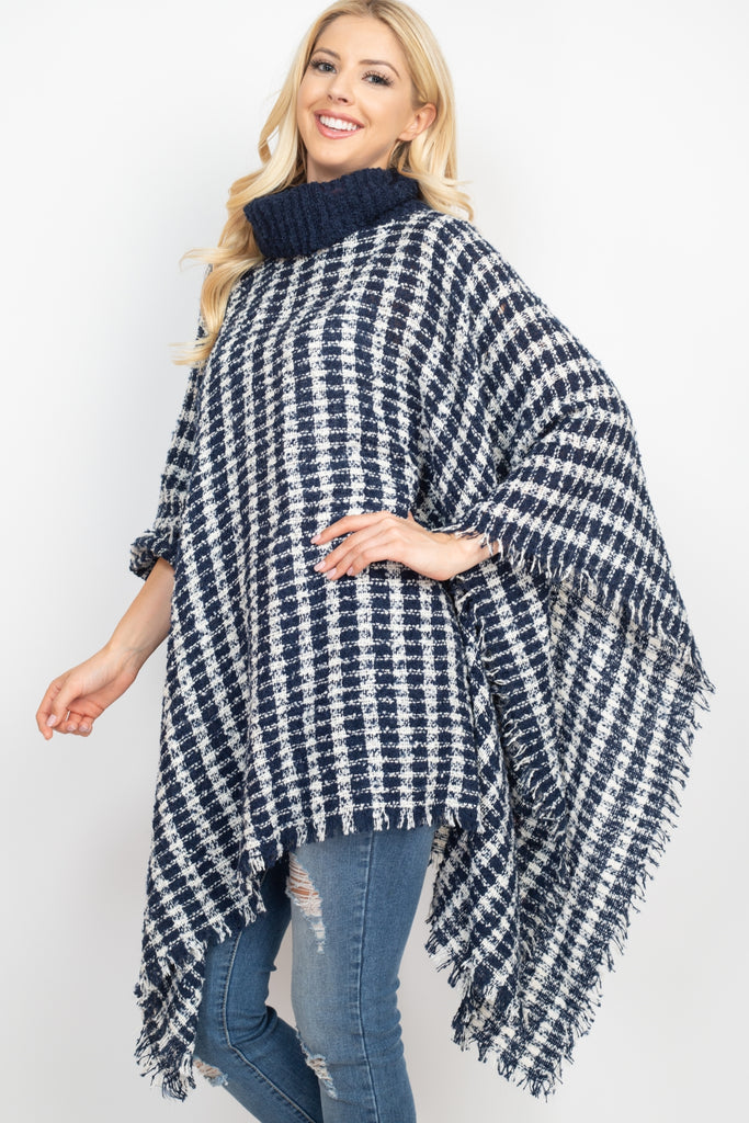 KNIT STRIPED PLAID SHAWL PONCHO