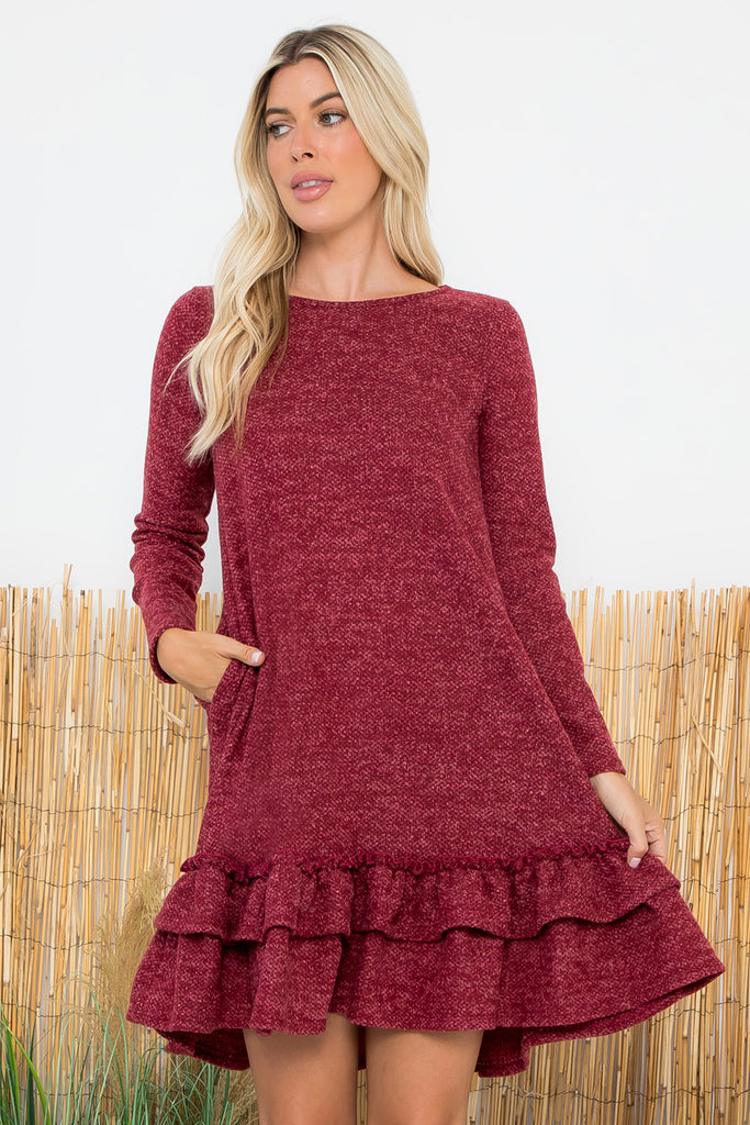 Quarter Sleeved Brushed Layered Ruffle Hem Dress