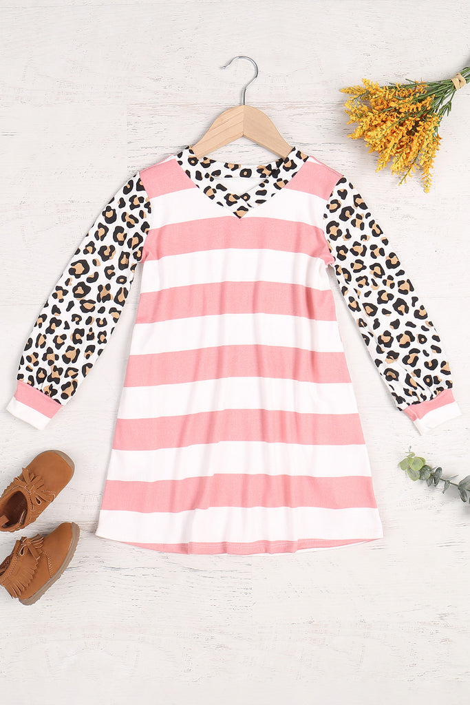 Kids Animal Print Long Sleeve Stripe Dress