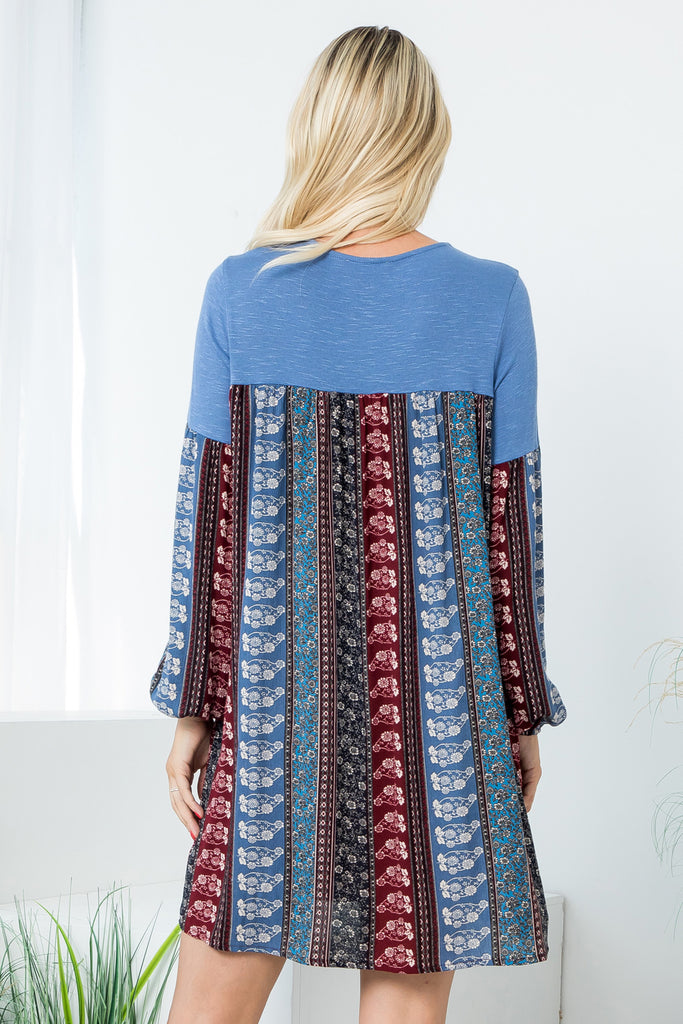 Long Sleeve Floral Crepe Contrast Tunic Dress