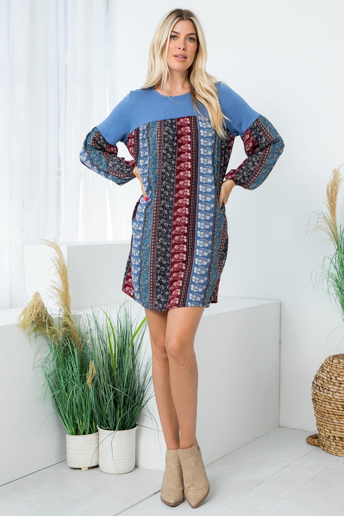 Long Sleeve Floral Crepe Contrast Tunic Dress