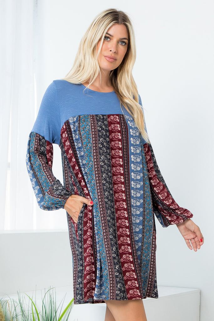 Long Sleeve Floral Crepe Contrast Tunic Dress