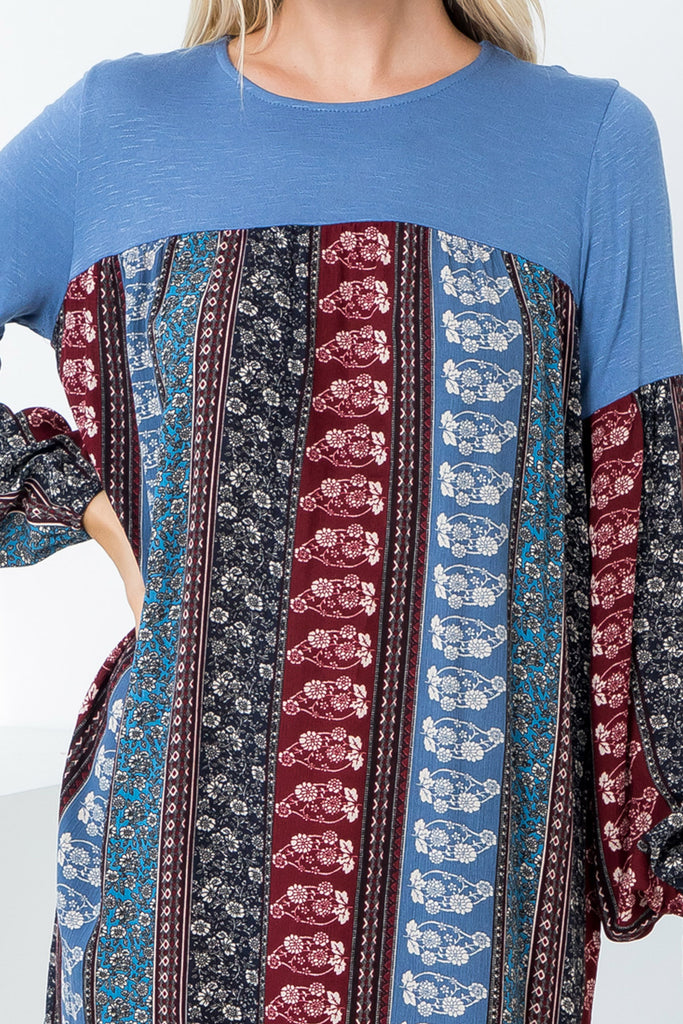 Long Sleeve Floral Crepe Contrast Tunic Dress