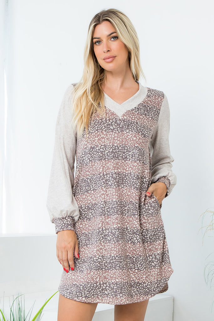 V-Neck Long Sleeve Stripe Leopard Dress