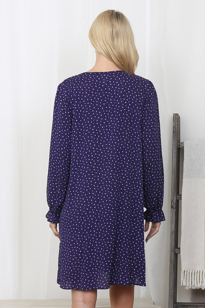Collared Neckline Floral Long Sleeve Dress