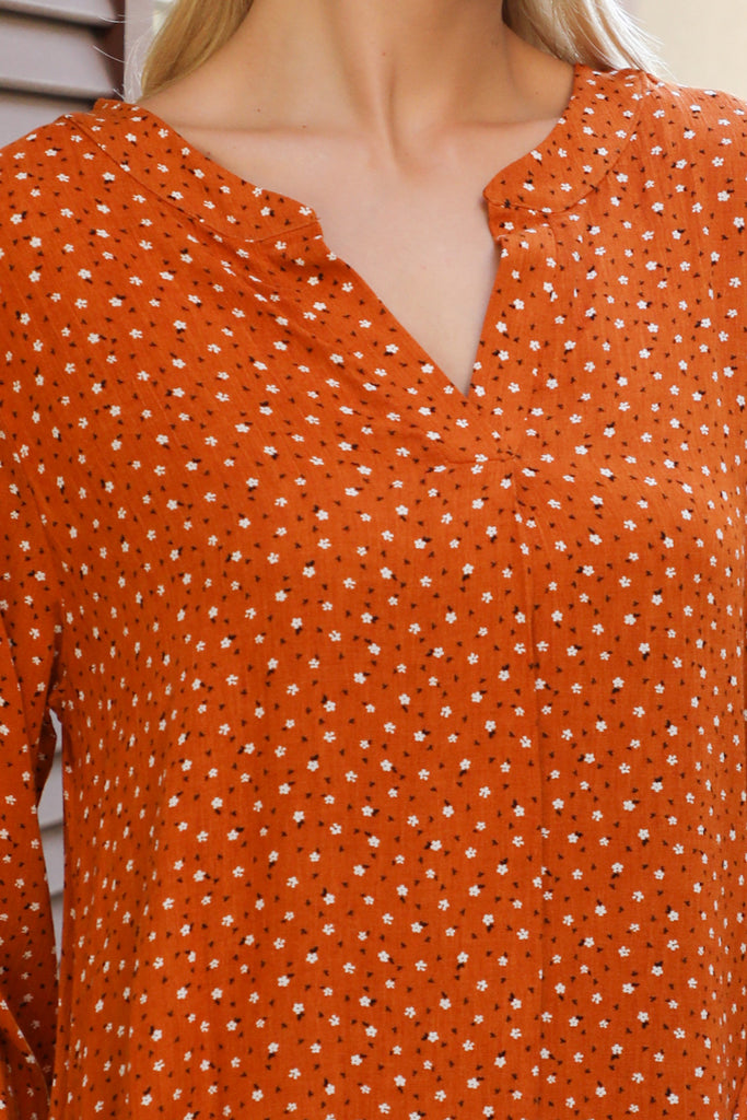 Collared Neckline Floral Long Sleeve Dress