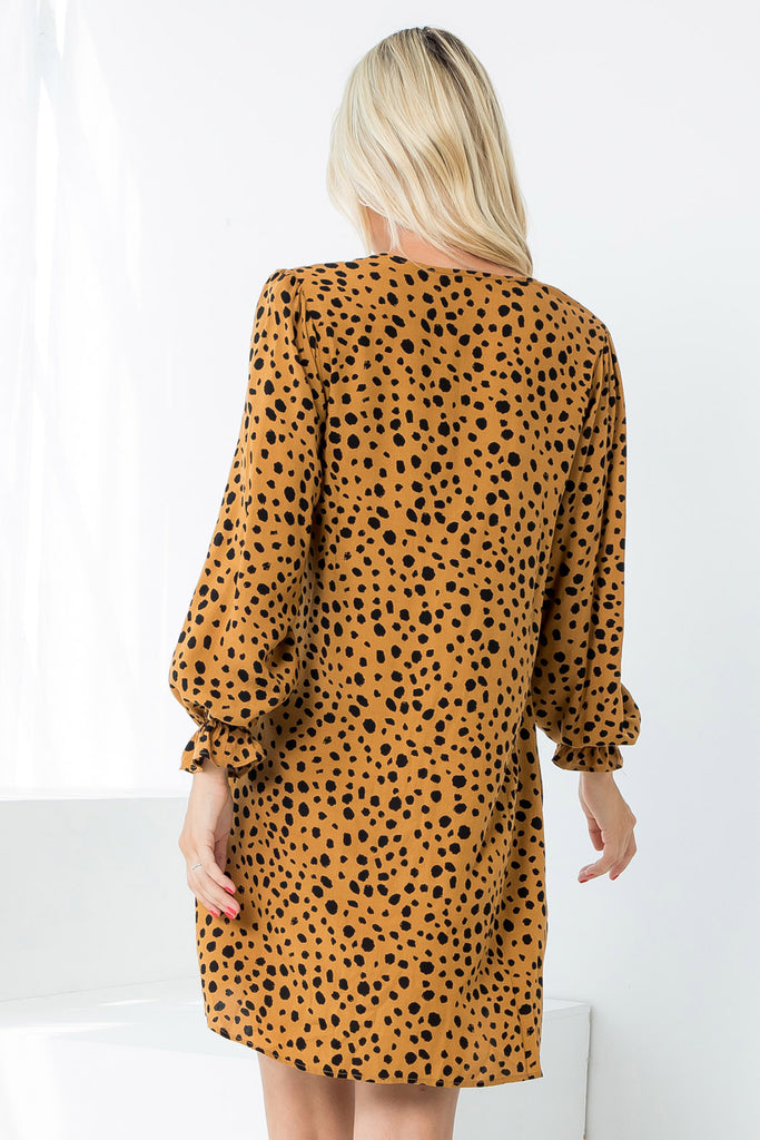 Notch Neck Animal Print Long Sleeve Mini Dress