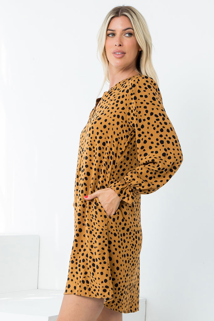 Notch Neck Animal Print Long Sleeve Mini Dress