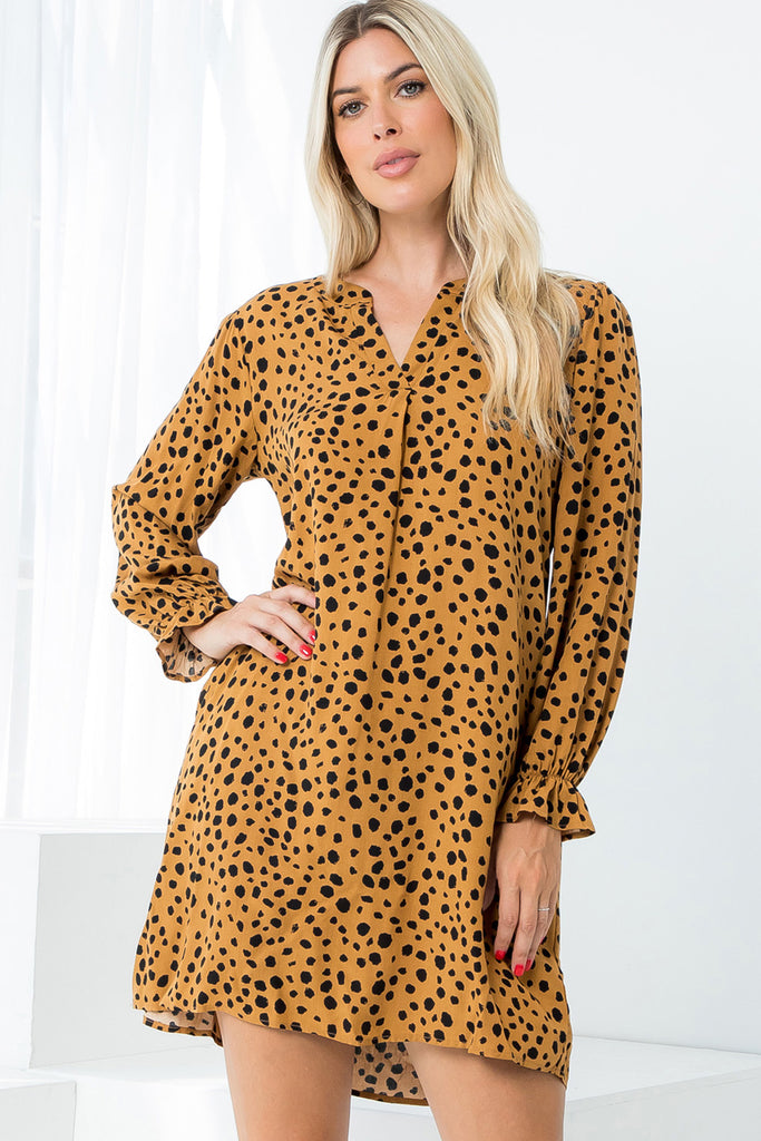 Notch Neck Animal Print Long Sleeve Mini Dress
