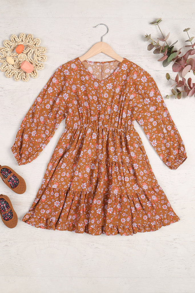 Kids Floral Long Sleeve Elastic Waist Tiered Dress
