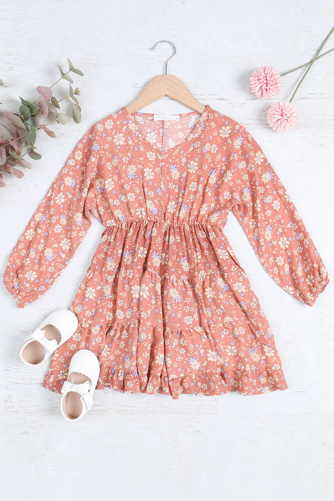 Kids Floral Long Sleeve Elastic Waist Tiered Dress