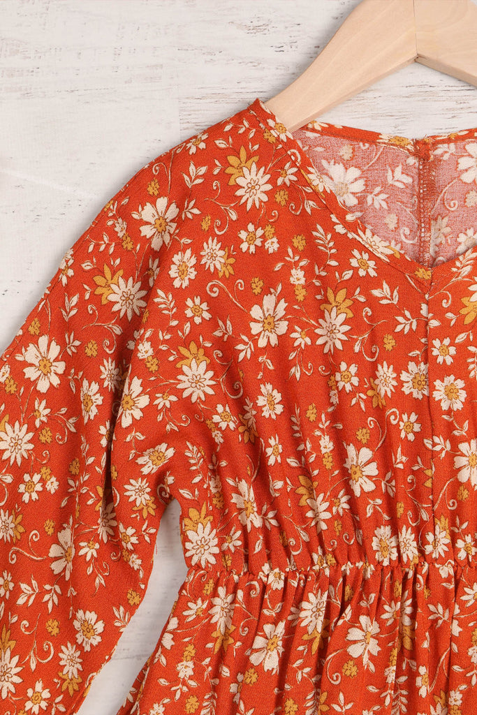 Kids Floral Long Sleeve Elastic Waist Tiered Dress