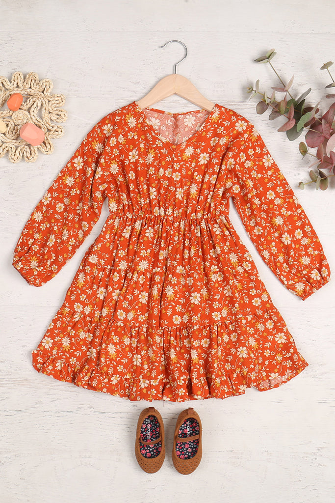 Kids Floral Long Sleeve Elastic Waist Tiered Dress