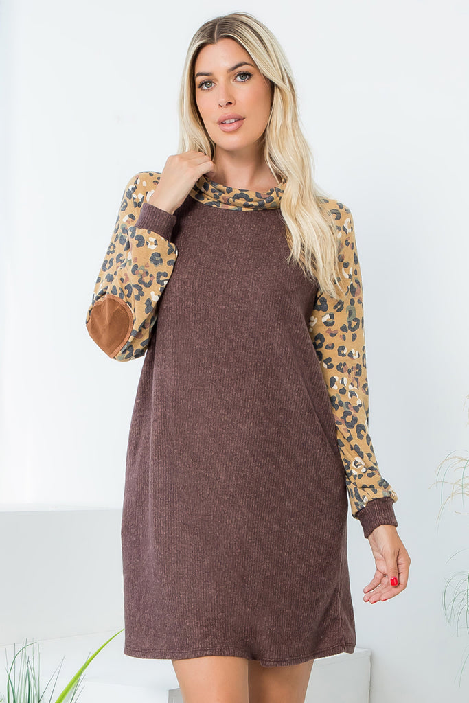 Leopard Long Sleeve Elbow Patch Rib Dress