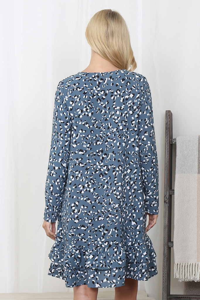Leopard Printed Long Sleeve Ruffle Hem Dress