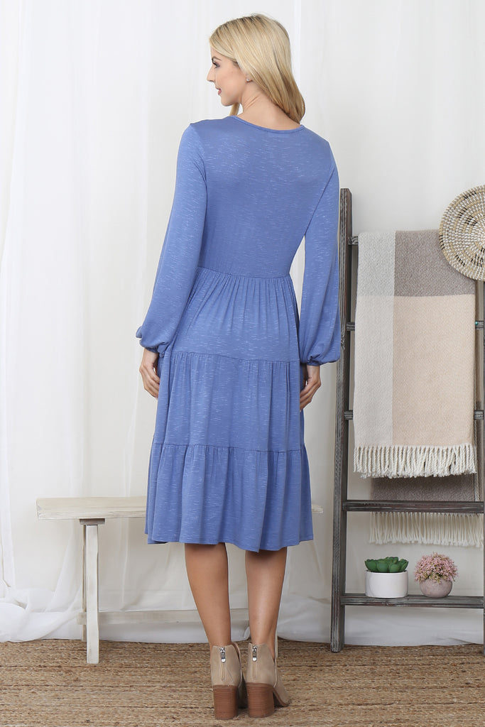 Crepe Long Sleeve Elastic Waist Tiered Dress