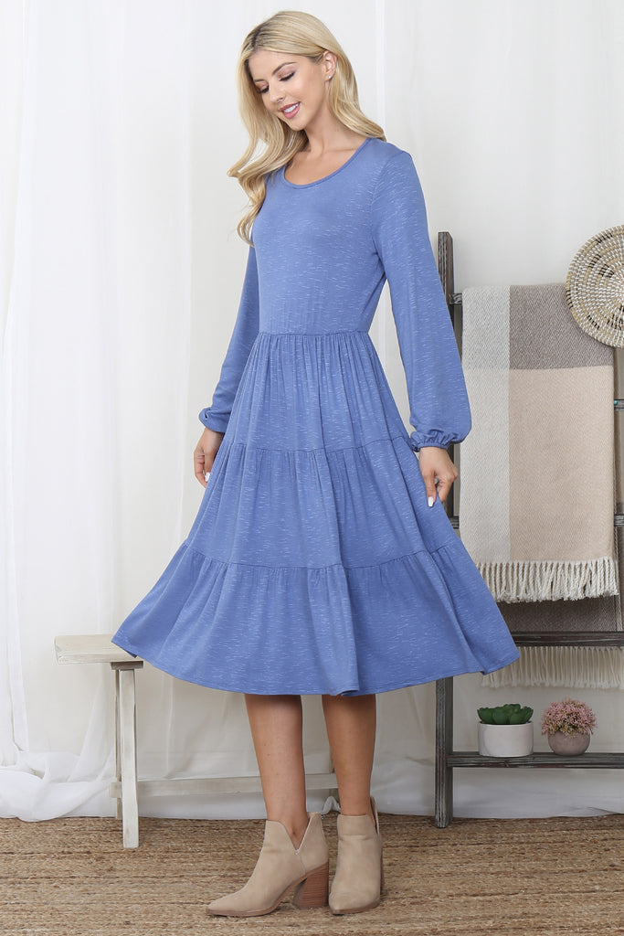 Crepe Long Sleeve Elastic Waist Tiered Dress
