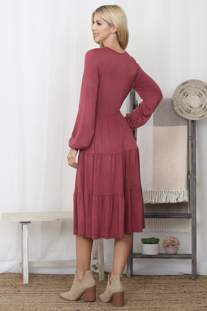 Crepe Long Sleeve Elastic Waist Tiered Dress