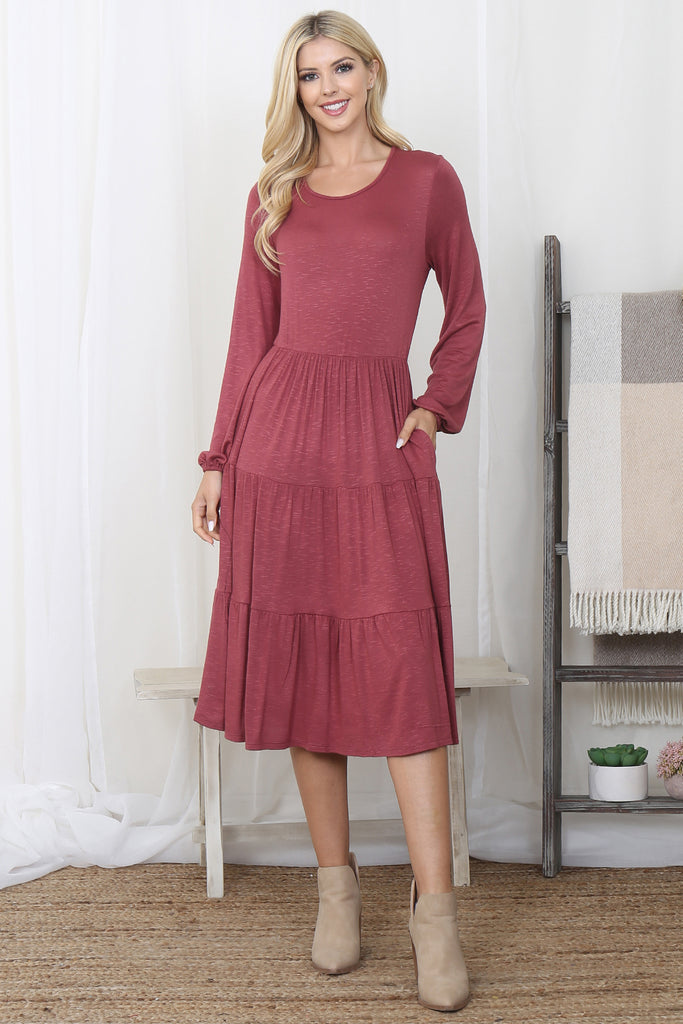 Crepe Long Sleeve Elastic Waist Tiered Dress