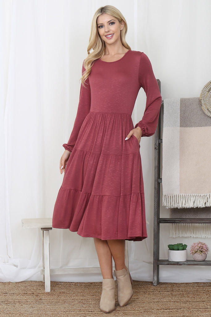 Crepe Long Sleeve Elastic Waist Tiered Dress