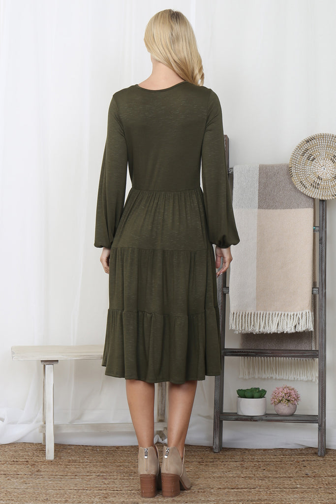Crepe Long Sleeve Elastic Waist Tiered Dress