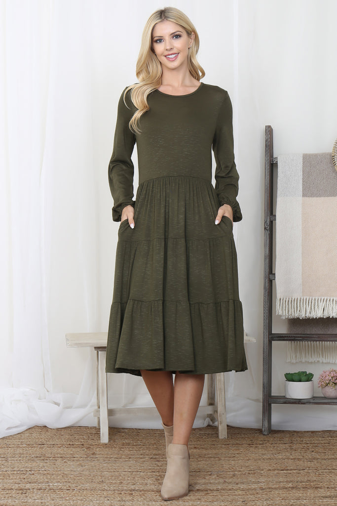Crepe Long Sleeve Elastic Waist Tiered Dress