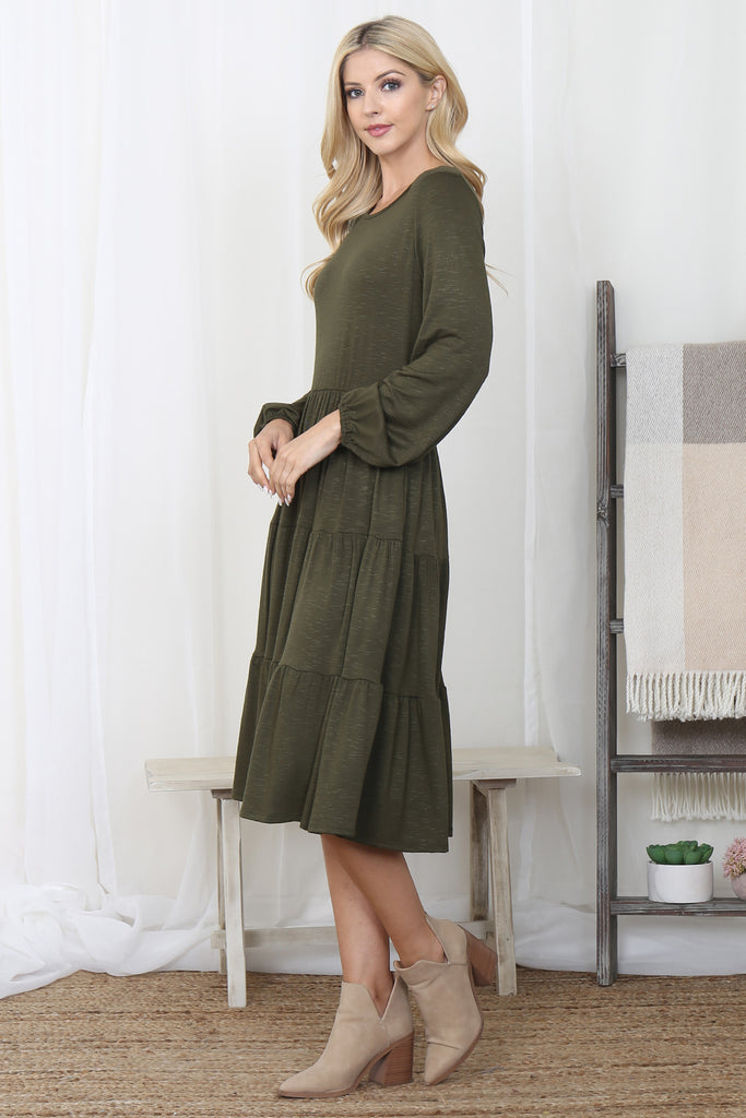 Crepe Long Sleeve Elastic Waist Tiered Dress