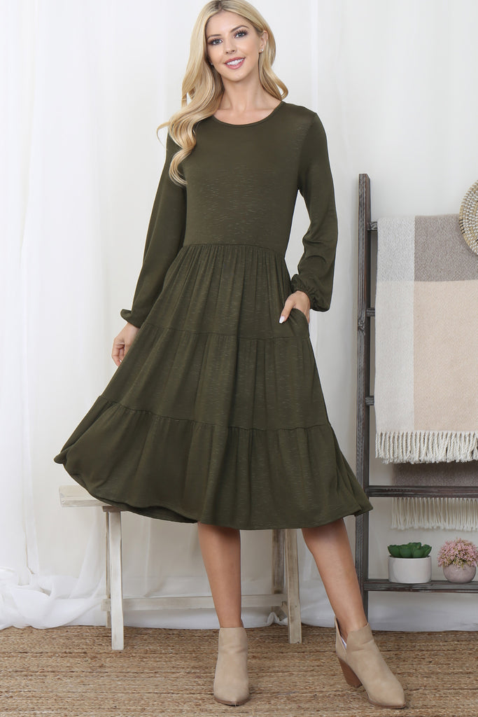 Crepe Long Sleeve Elastic Waist Tiered Dress