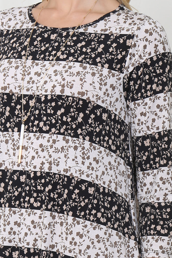 Quarter Sleeve Bold Stripes Floral Dress with Inseam Pockets