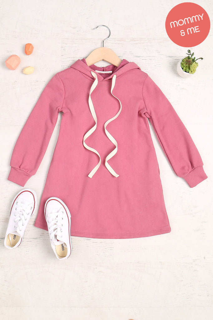 Kids Solid Long Sleeve Hoodie Dress with Drawstring