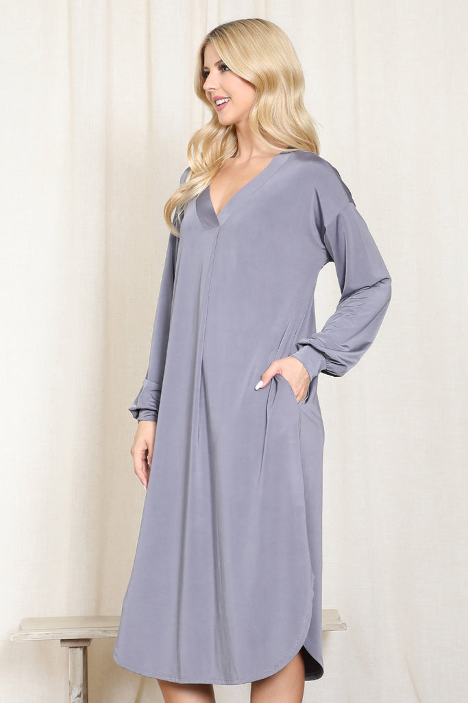 V-Neck Band Long Puff Sleeve Venezia Dress